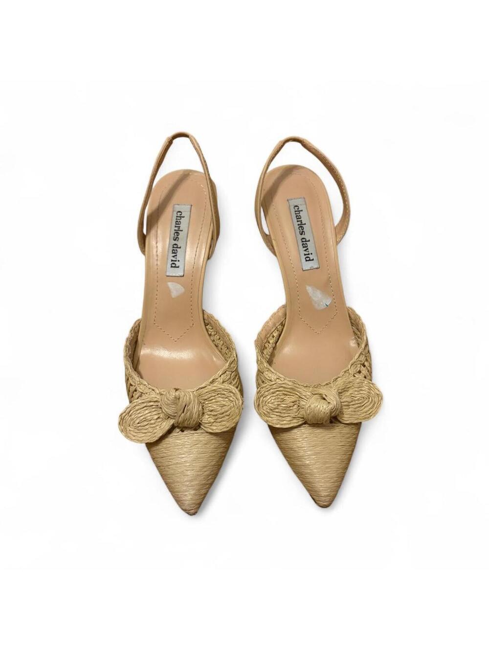 Charles David Allyson Raffia Bow Slingback Kitten Pump Heels 🎀🤎